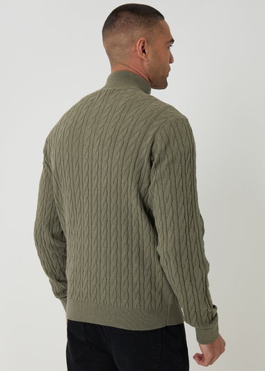 Threadbare Olive Cable Knit Quarter Zip Jumper