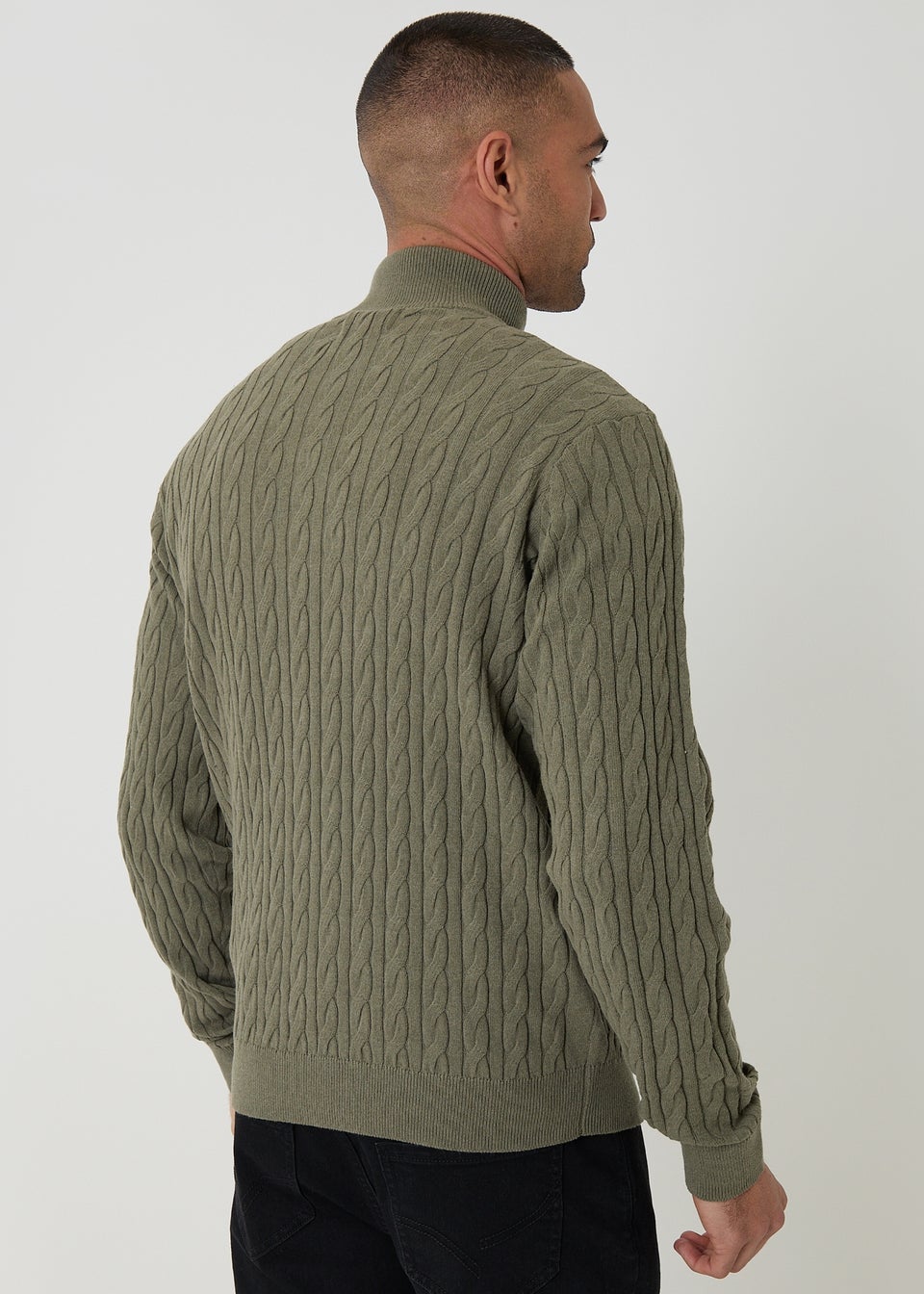 Threadbare Olive Cable Knit Quarter Zip Jumper