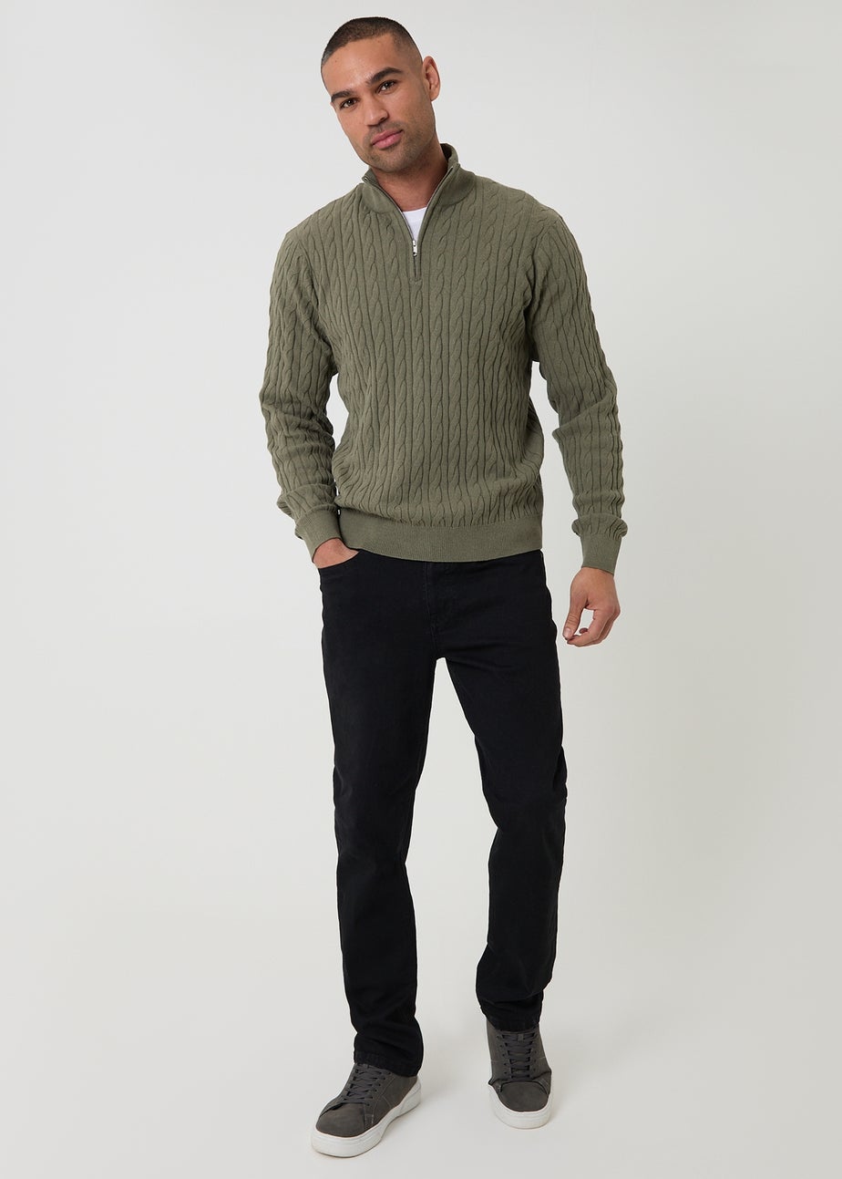 Threadbare Olive Cable Knit Quarter Zip Jumper