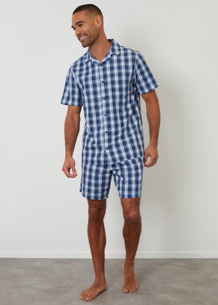 Threadbare Blue Check Cotton Short Sleeve Shirt & Shorts Pyjama Set
