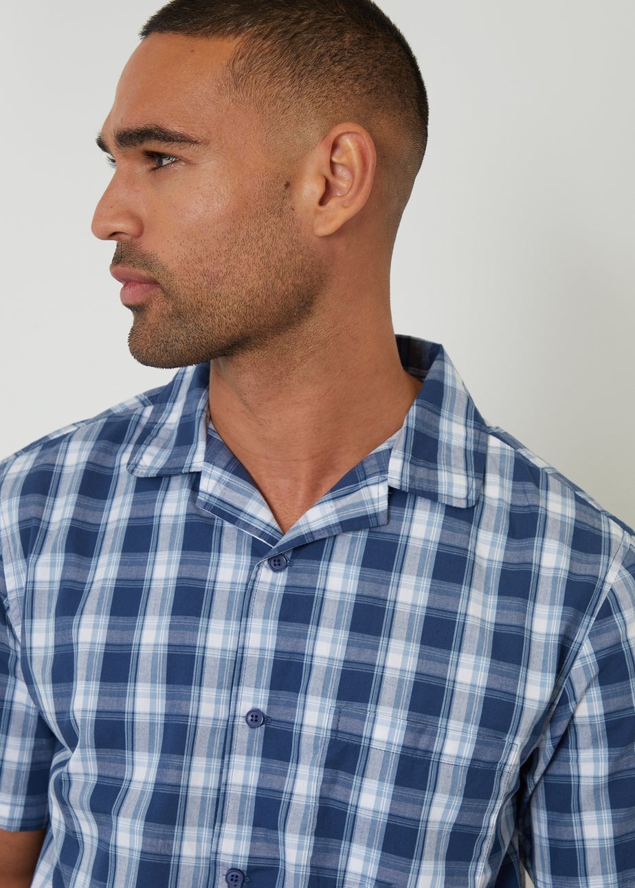 Threadbare Blue Check Cotton Short Sleeve Shirt & Shorts Pyjama Set