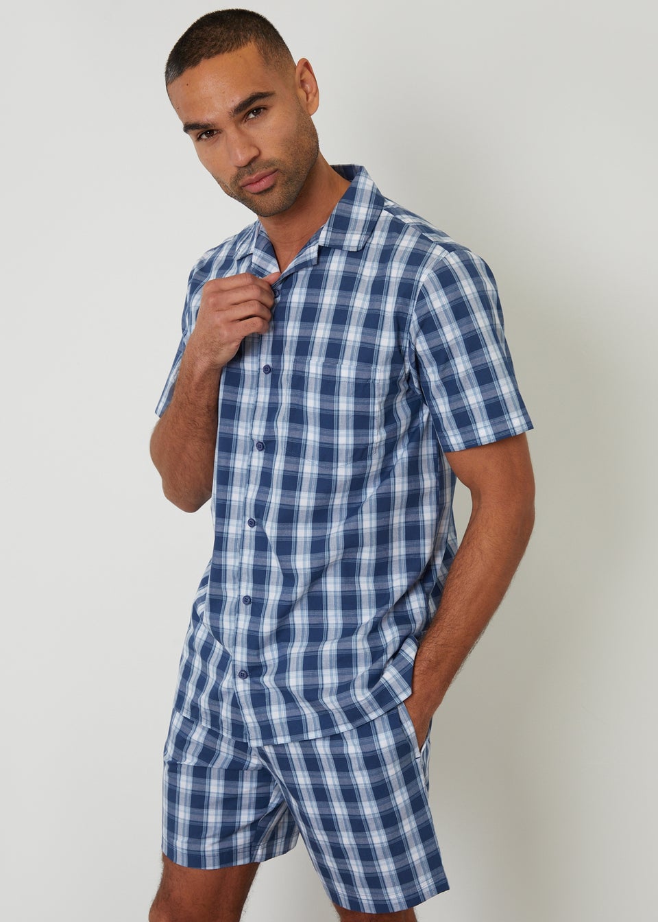 Threadbare Blue Check Cotton Short Sleeve Shirt & Shorts Pyjama Set