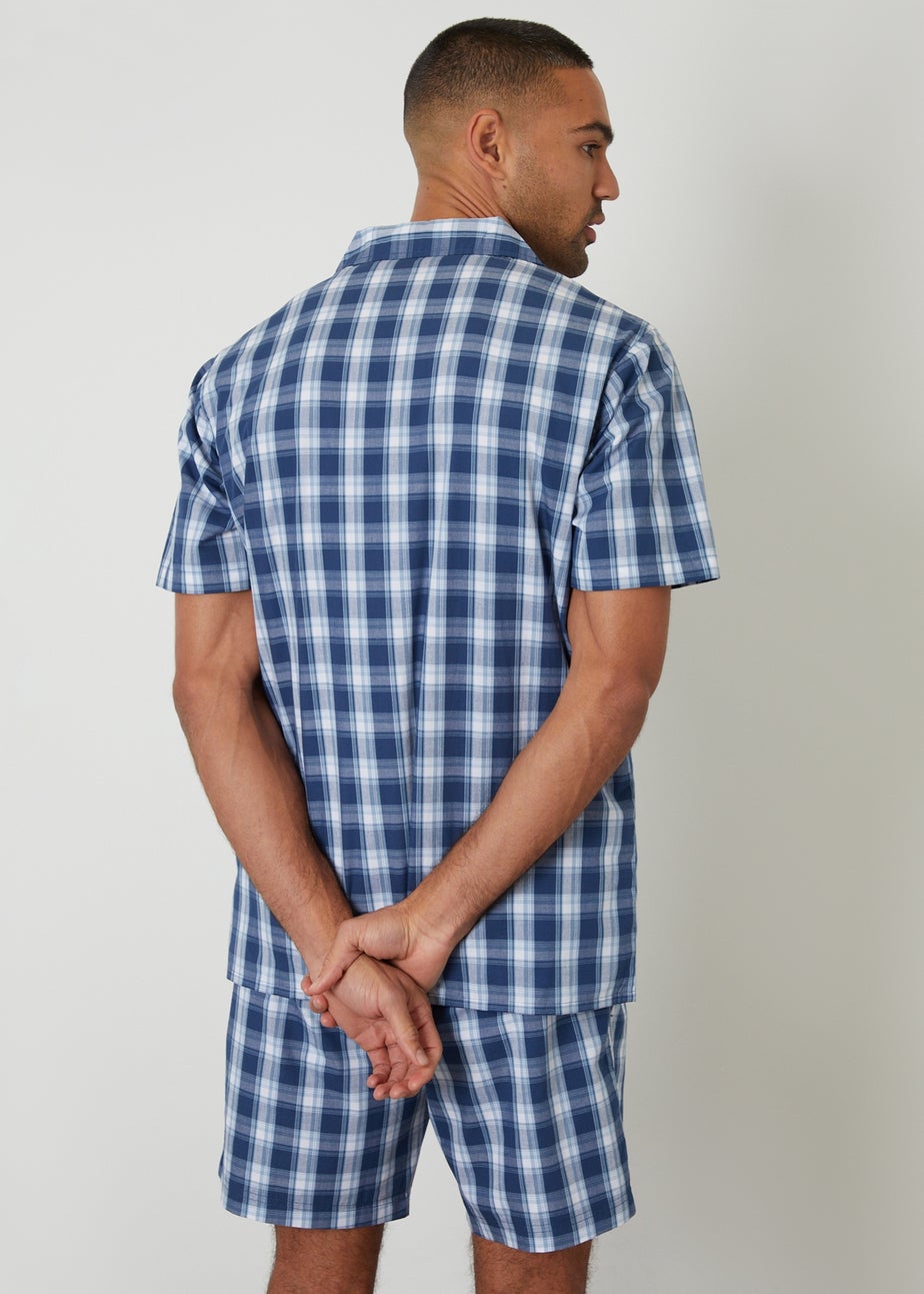 Threadbare Blue Check Cotton Short Sleeve Shirt & Shorts Pyjama Set