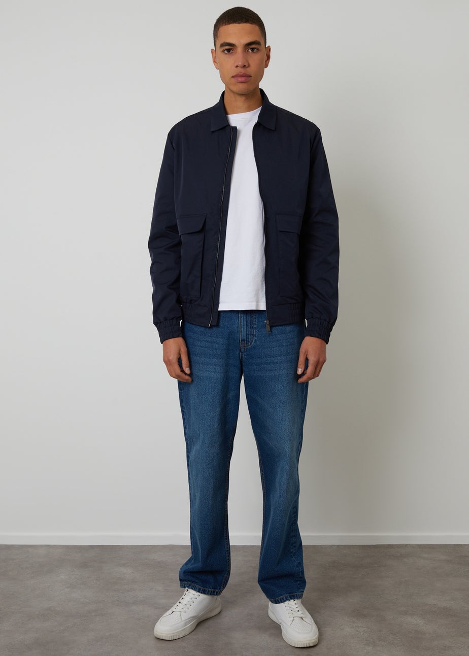 Threadbare Navy Showerproof Patch Pocket Zip Up Jacket