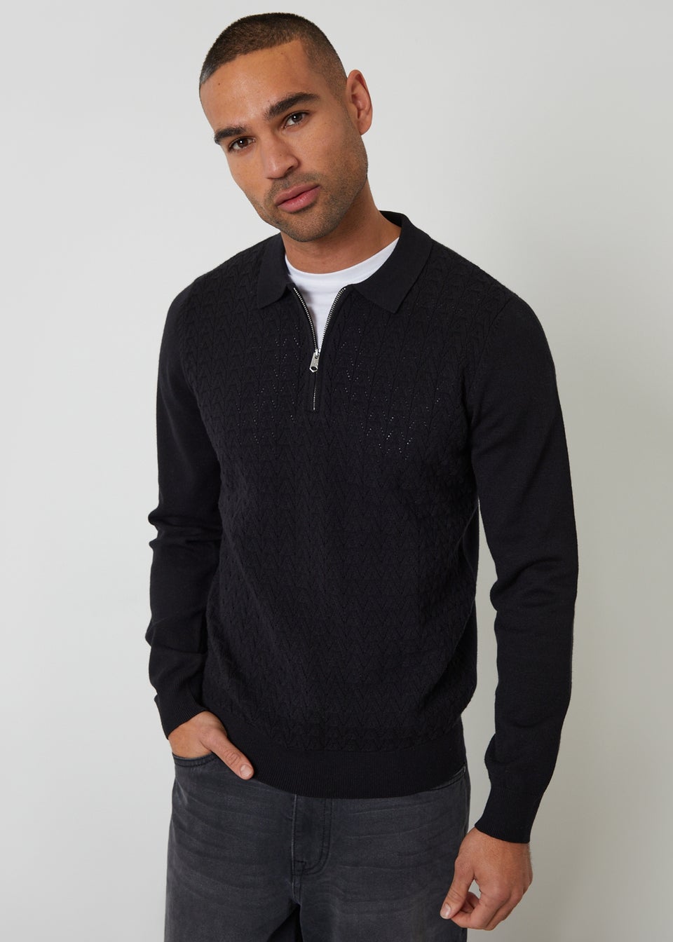 Threadbare Black Textured Knit Quarter Zip Polo Jumper