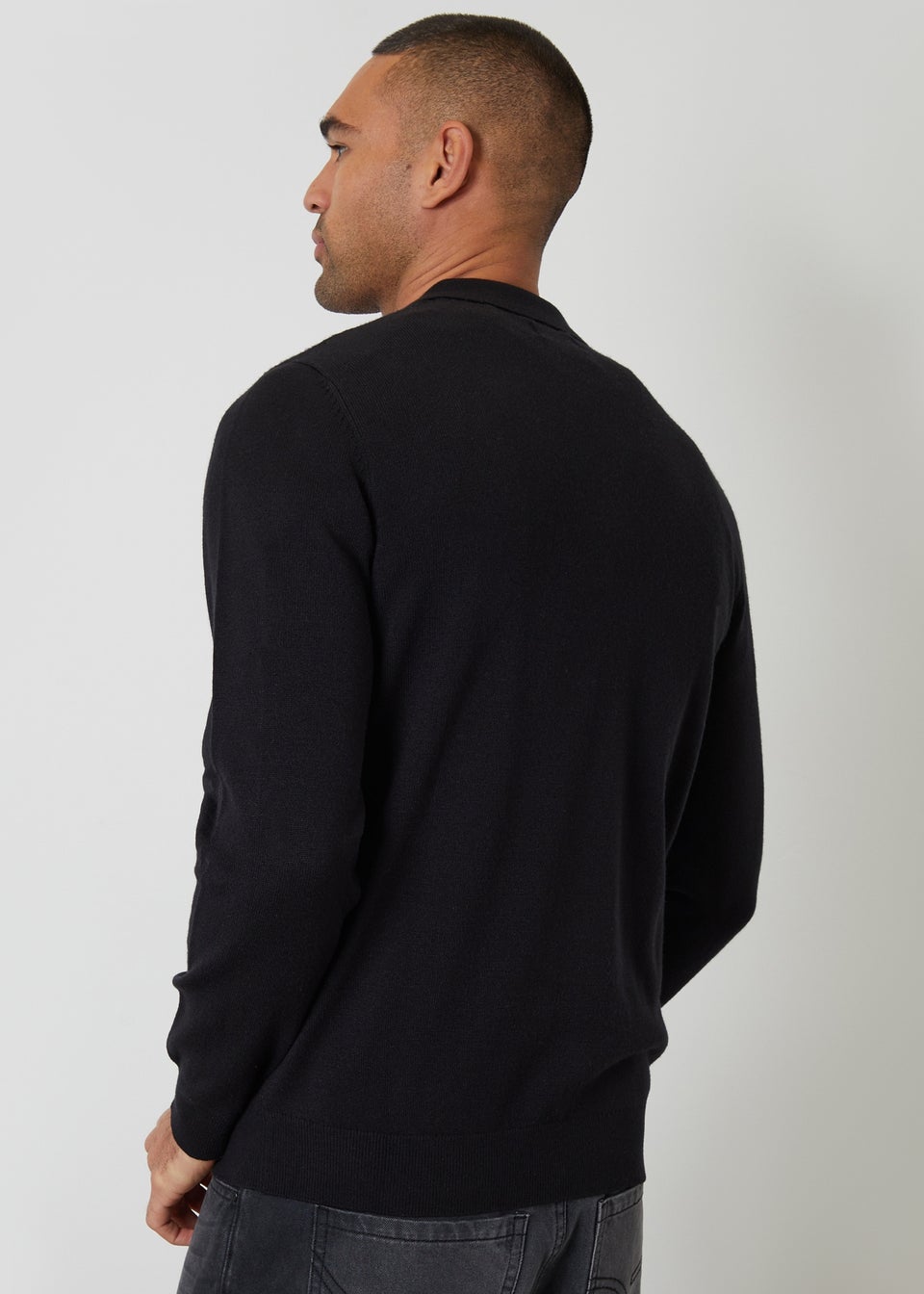 Threadbare Black Textured Knit Quarter Zip Polo Jumper