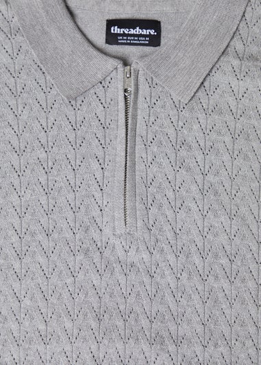 Threadbare Light Grey Textured Knit Quarter Zip Polo Jumper