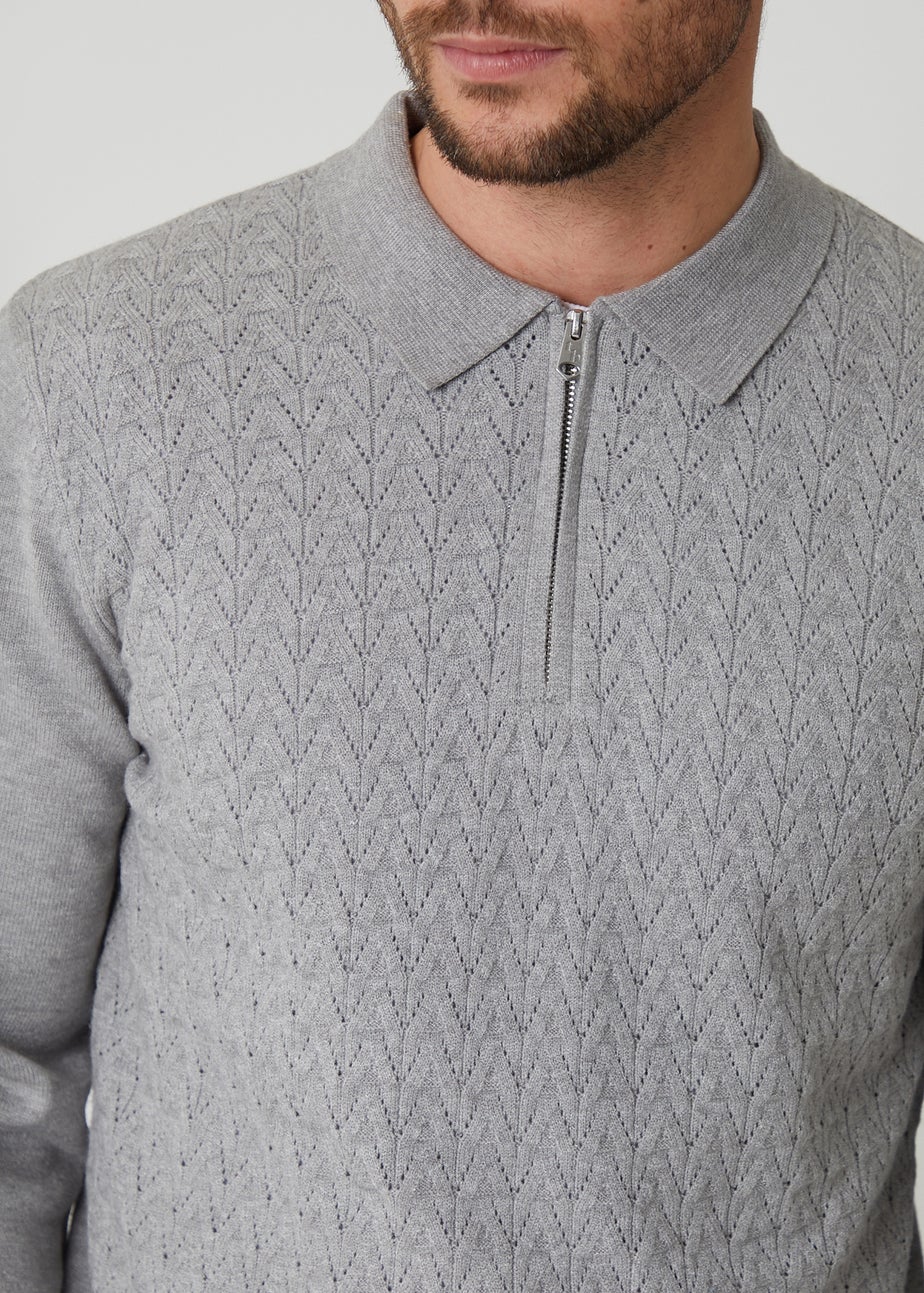 Threadbare Light Grey Textured Knit Quarter Zip Polo Jumper
