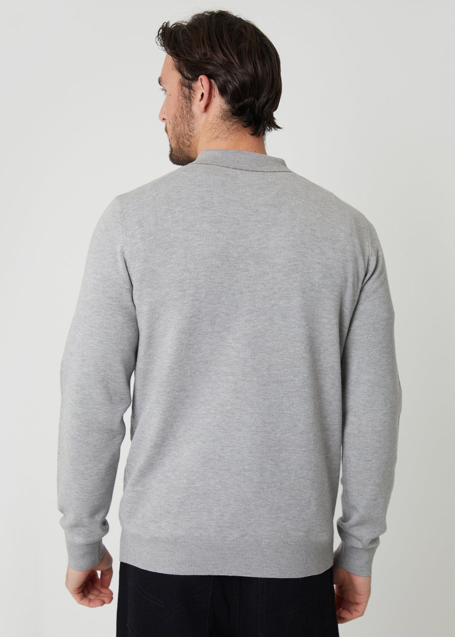 Threadbare Light Grey Textured Knit Quarter Zip Polo Jumper