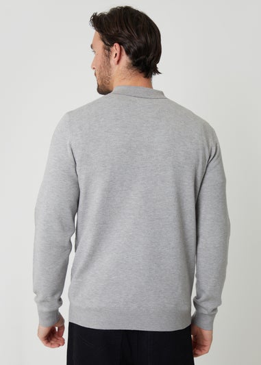 Threadbare Light Grey Textured Knit Quarter Zip Polo Jumper