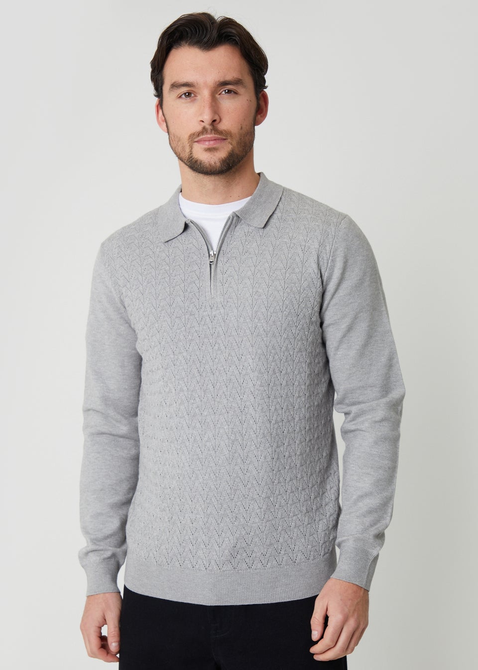 Threadbare Light Grey Textured Knit Quarter Zip Polo Jumper