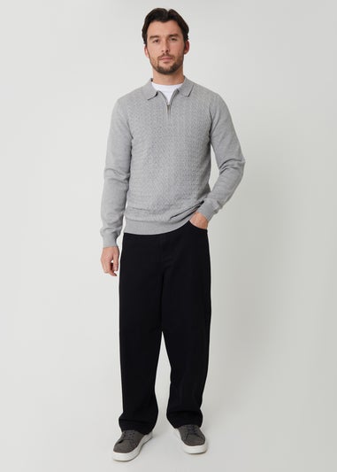 Threadbare Light Grey Textured Knit Quarter Zip Polo Jumper