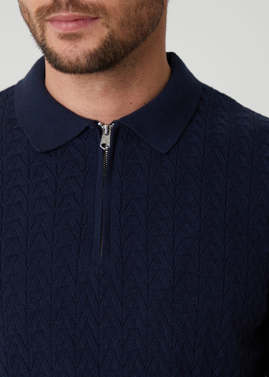 Threadbare Navy Textured Knit Quarter Zip Polo Jumper