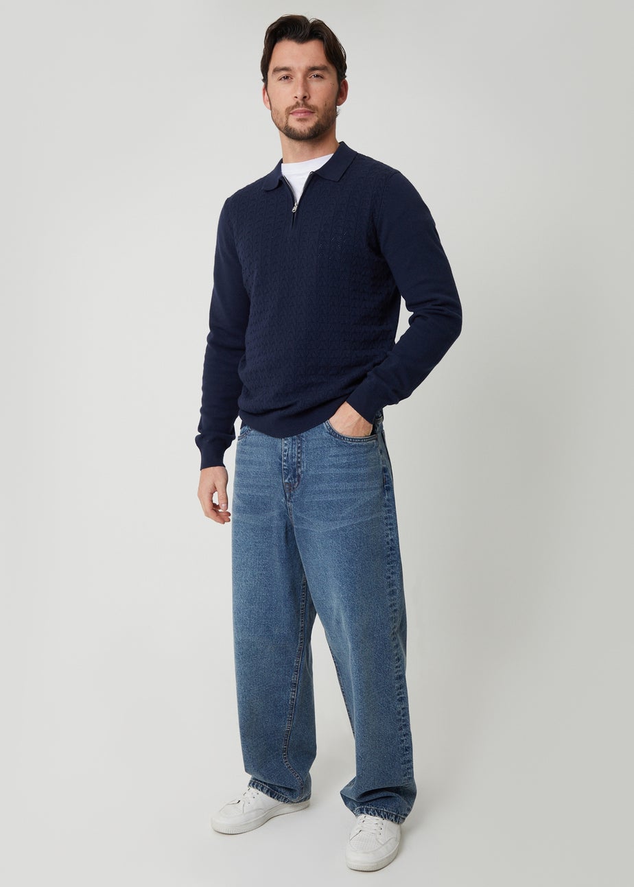 Threadbare Navy Textured Knit Quarter Zip Polo Jumper