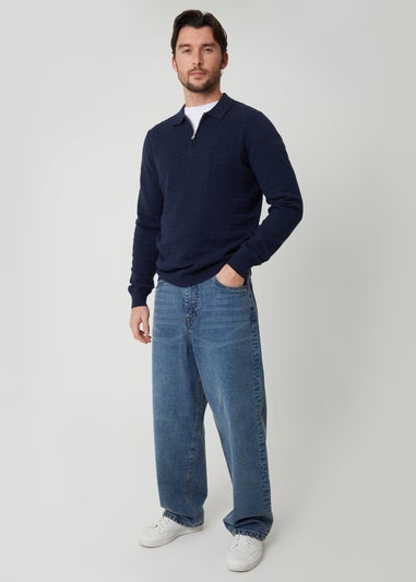 Threadbare Navy Textured Knit Quarter Zip Polo Jumper