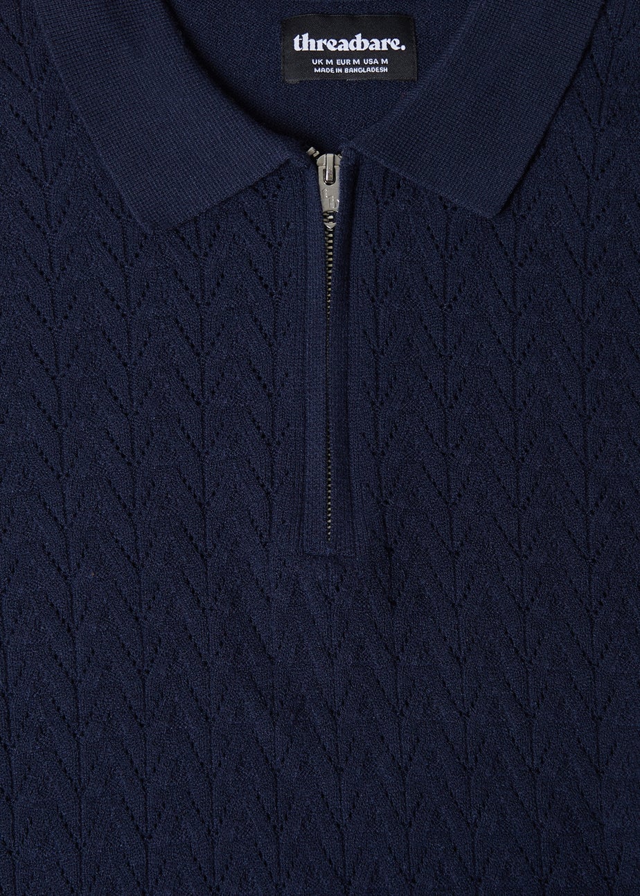 Threadbare Navy Textured Knit Quarter Zip Polo Jumper