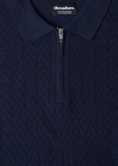 Threadbare Navy Textured Knit Quarter Zip Polo Jumper