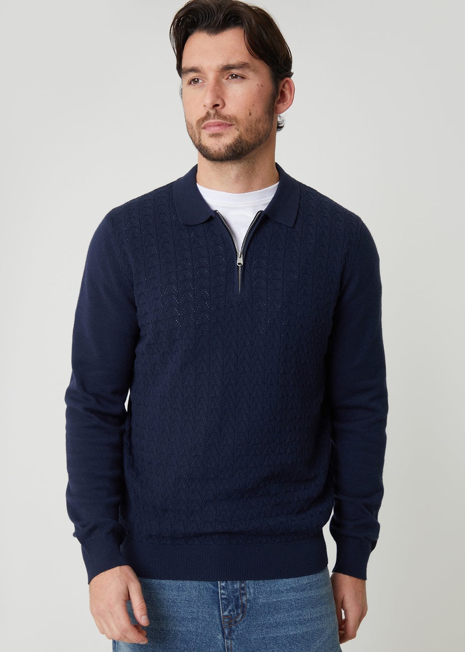Threadbare Navy Textured Knit Quarter Zip Polo Jumper