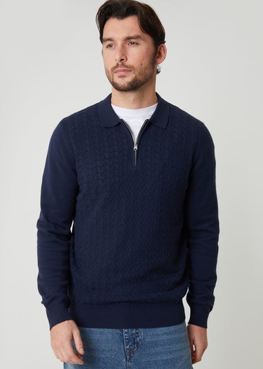 Threadbare Navy Textured Knit Quarter Zip Polo Jumper