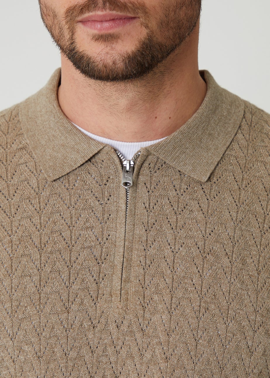 Threadbare Natural Textured Knit Quarter Zip Polo Jumper