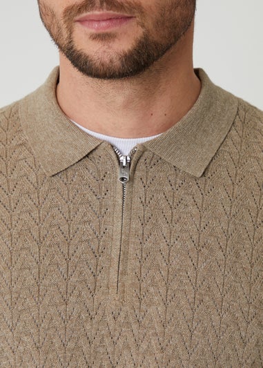 Threadbare Natural Textured Knit Quarter Zip Polo Jumper