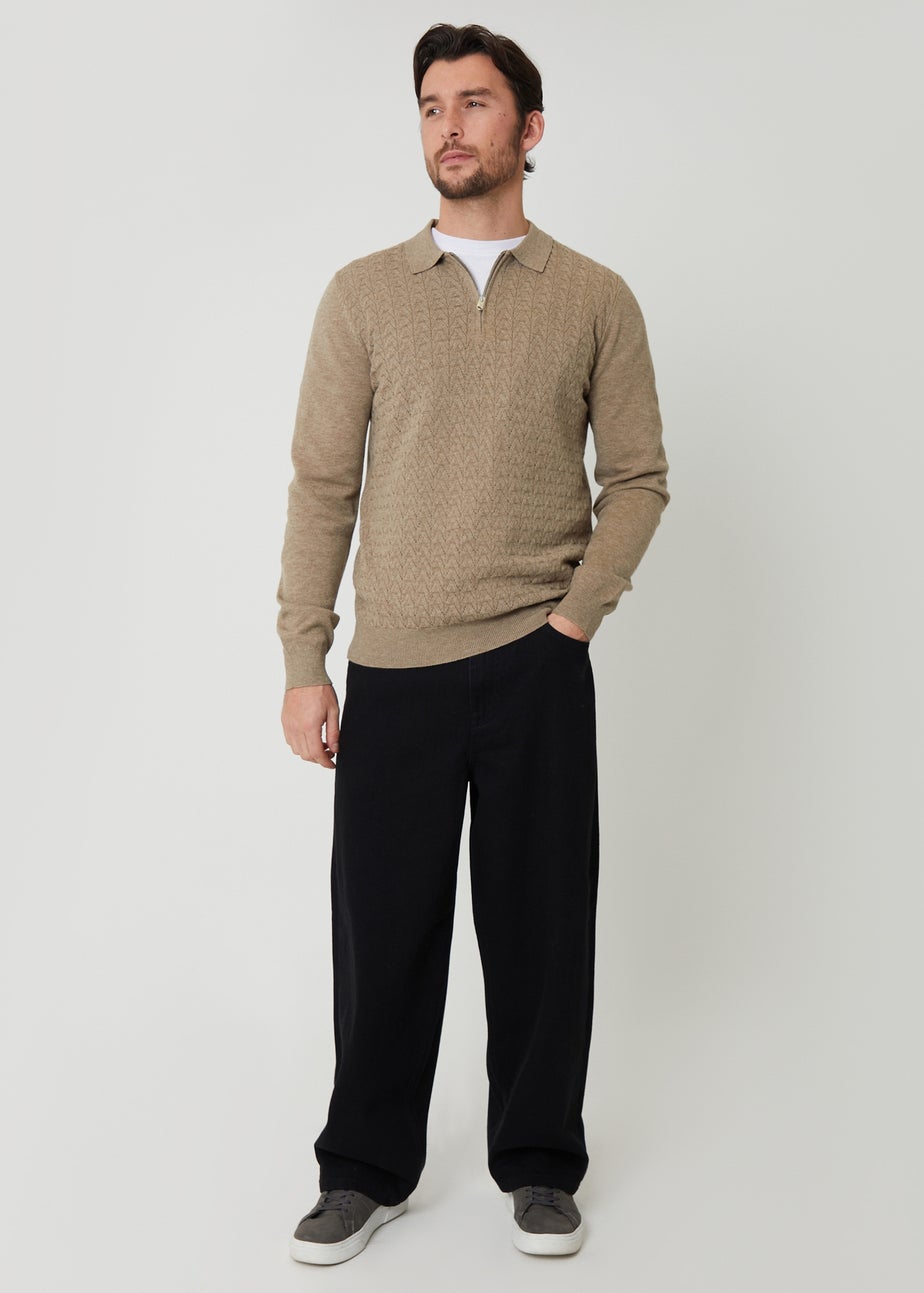 Threadbare Natural Textured Knit Quarter Zip Polo Jumper