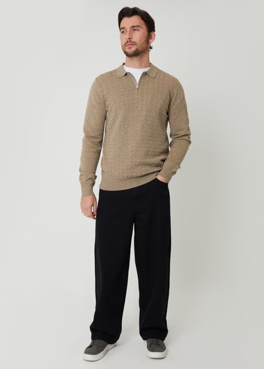 Threadbare Natural Textured Knit Quarter Zip Polo Jumper