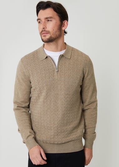 Threadbare Natural Textured Knit Quarter Zip Polo Jumper