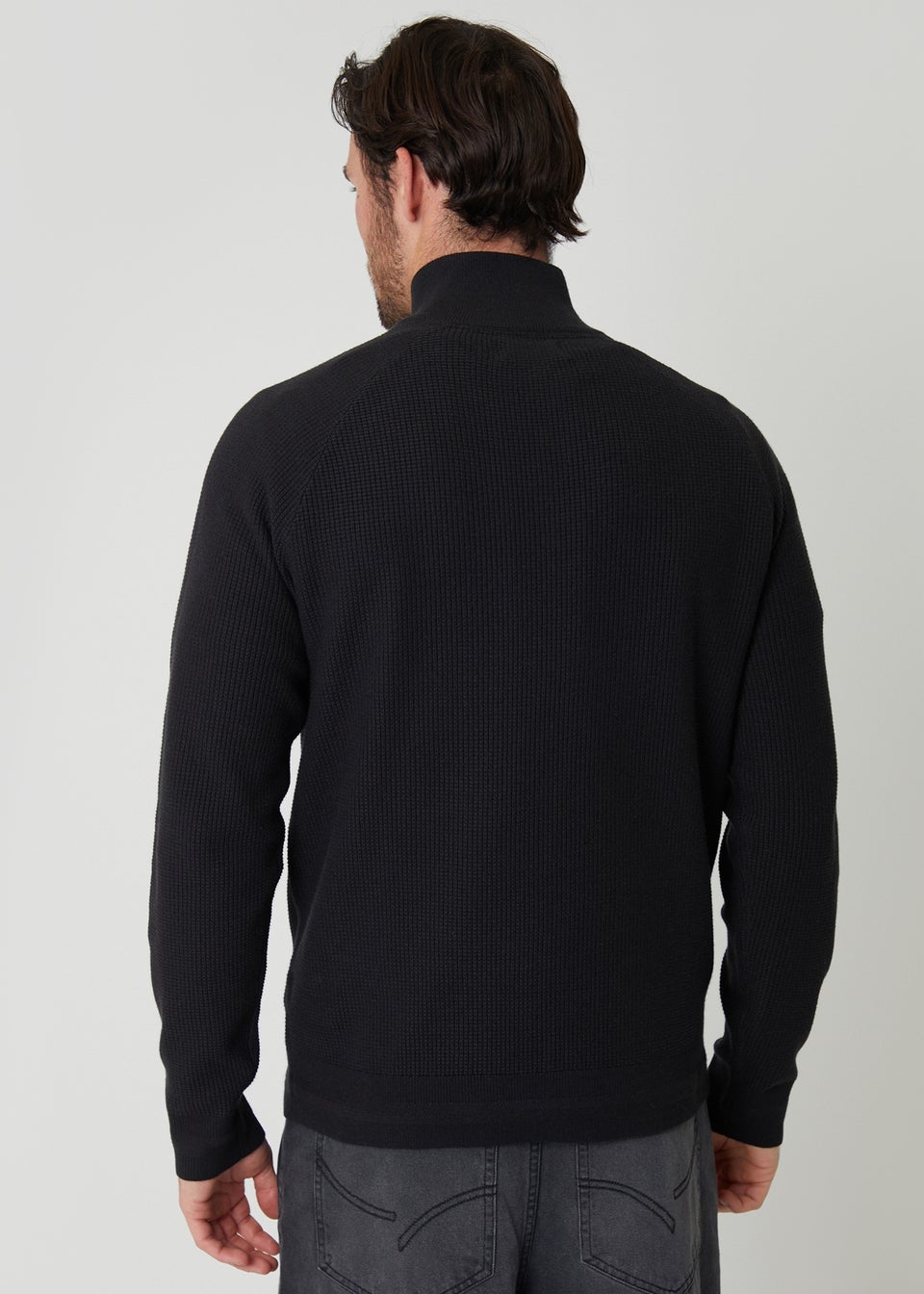 Threadbare Black Waffle Knit Raglan Quarter Zip Jumper