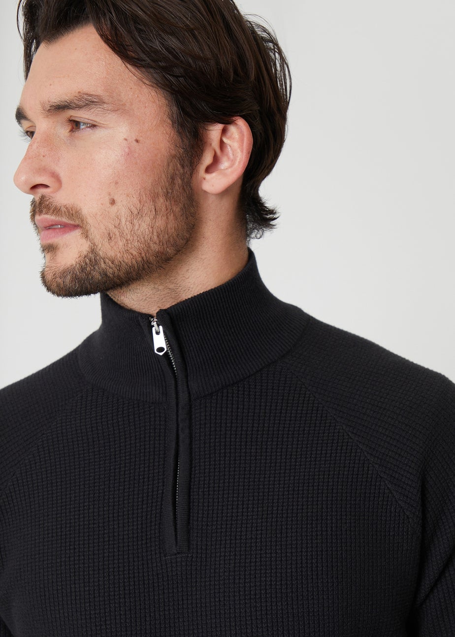 Threadbare Black Waffle Knit Raglan Quarter Zip Jumper
