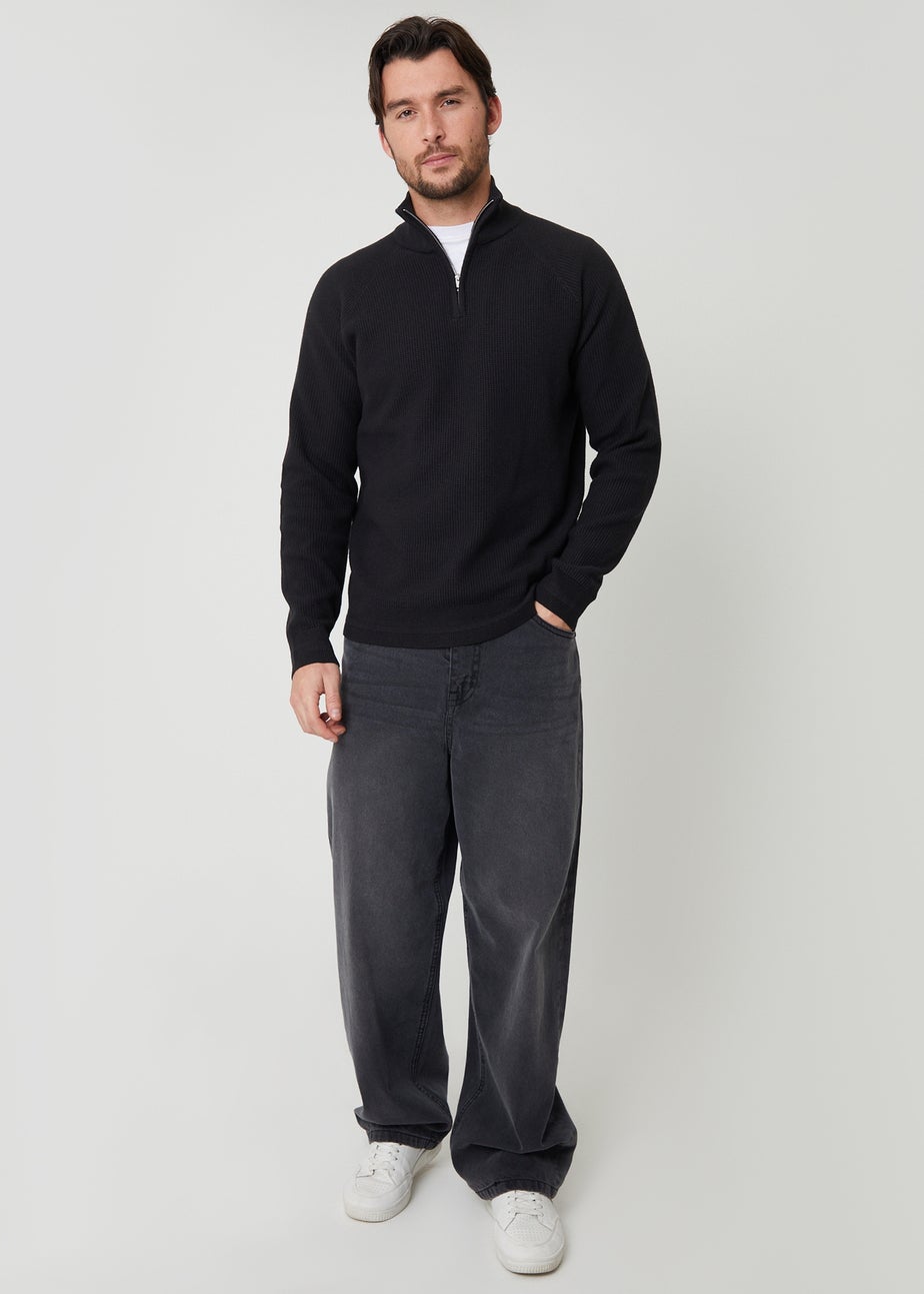 Threadbare Black Waffle Knit Raglan Quarter Zip Jumper