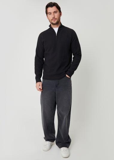 Threadbare Black Waffle Knit Raglan Quarter Zip Jumper