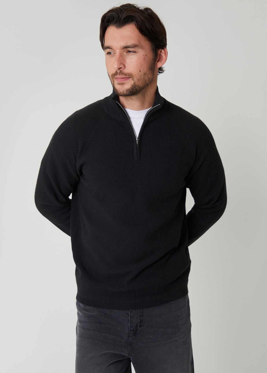 Threadbare Black Waffle Knit Raglan Quarter Zip Jumper