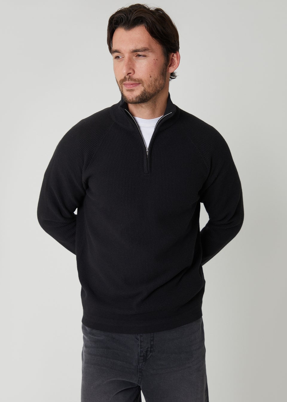 Threadbare Black Waffle Knit Raglan Quarter Zip Jumper