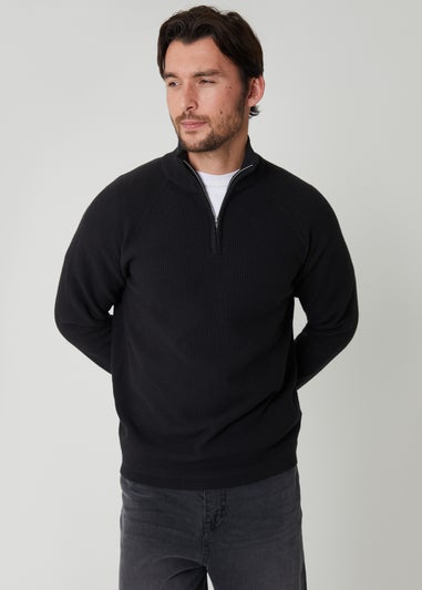 Threadbare Black Waffle Knit Raglan Quarter Zip Jumper