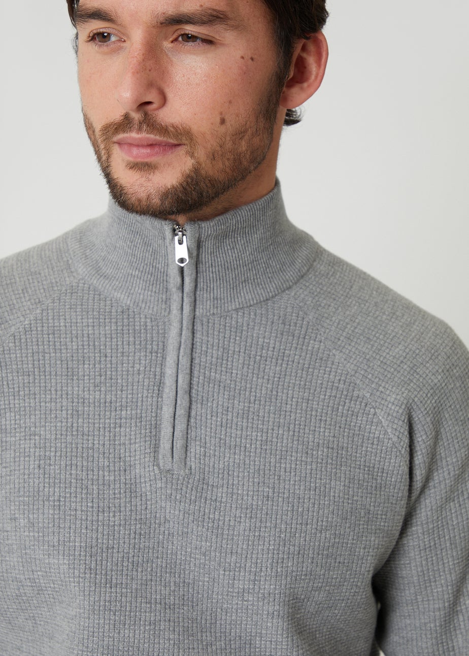 Threadbare Grey Waffle Knit Raglan Quarter Zip Jumper