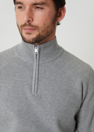 Threadbare Grey Waffle Knit Raglan Quarter Zip Jumper