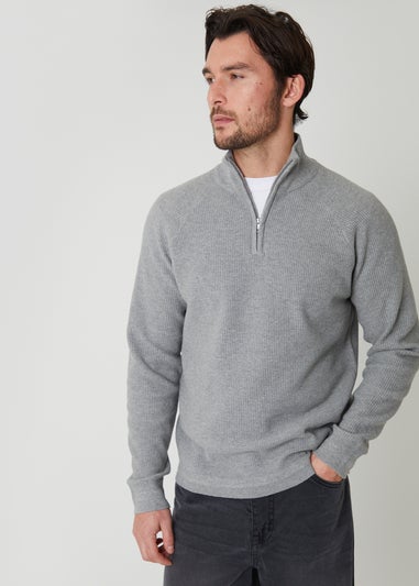 Threadbare Grey Waffle Knit Raglan Quarter Zip Jumper