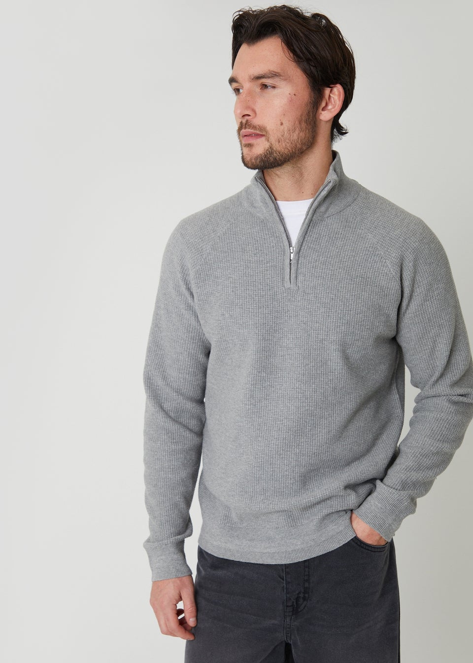 Threadbare Grey Waffle Knit Raglan Quarter Zip Jumper