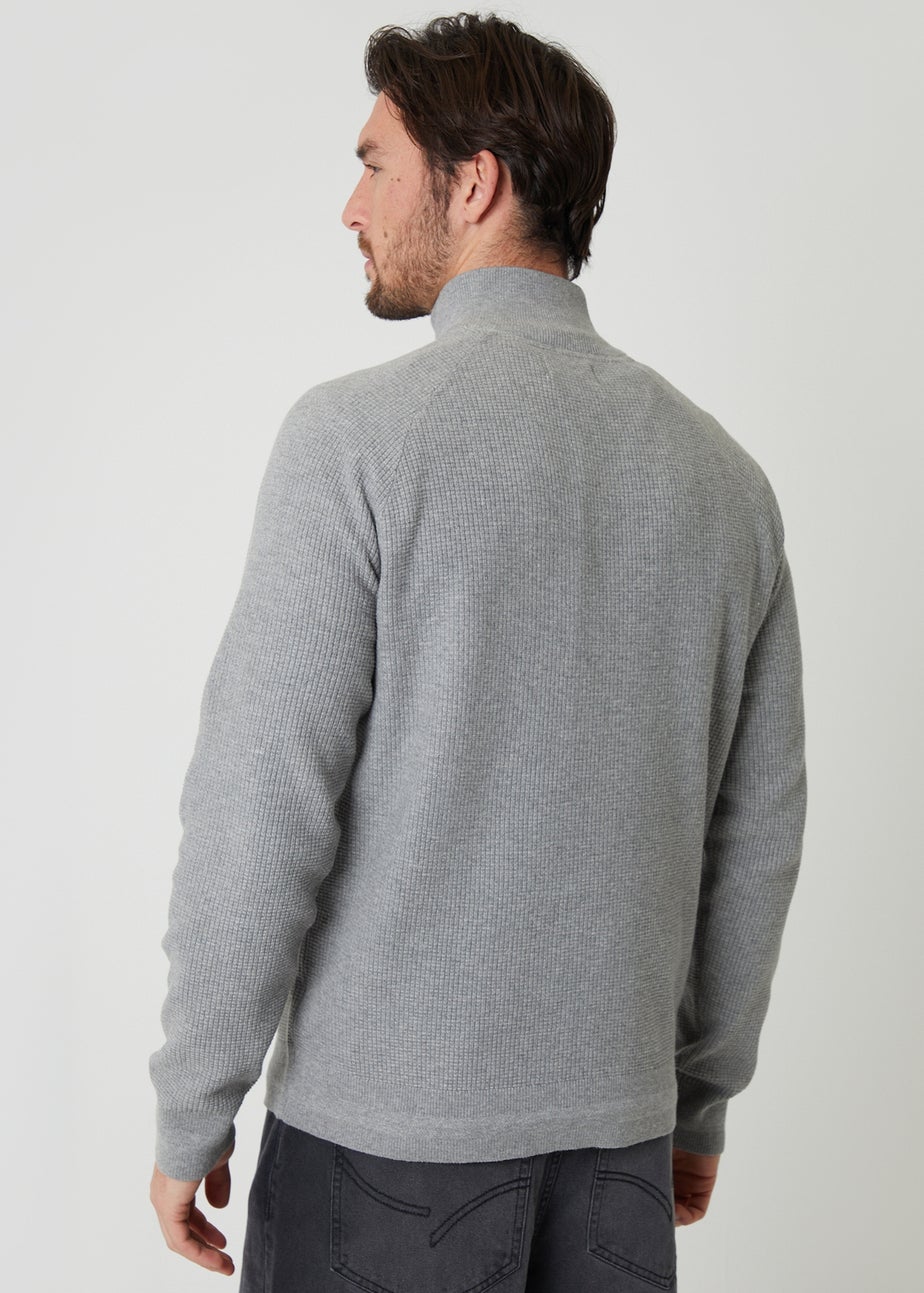 Threadbare Grey Waffle Knit Raglan Quarter Zip Jumper