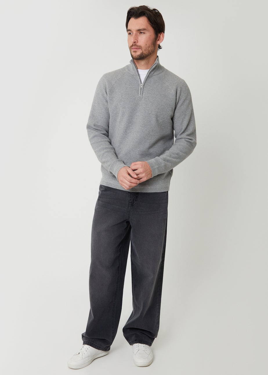 Threadbare Grey Waffle Knit Raglan Quarter Zip Jumper