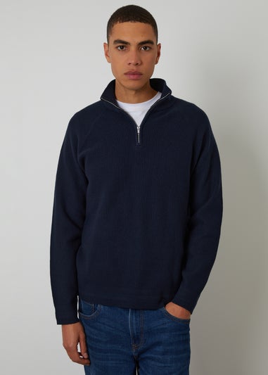 Threadbare Navy Waffle Knit Raglan Quarter Zip Jumper