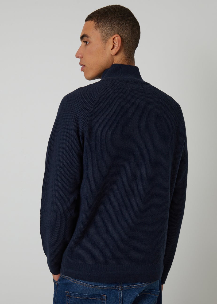 Threadbare Navy Waffle Knit Raglan Quarter Zip Jumper