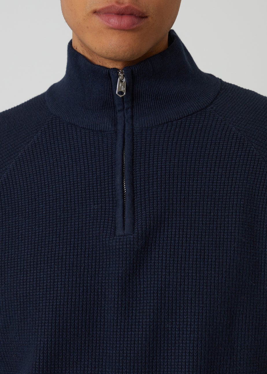 Threadbare Navy Waffle Knit Raglan Quarter Zip Jumper