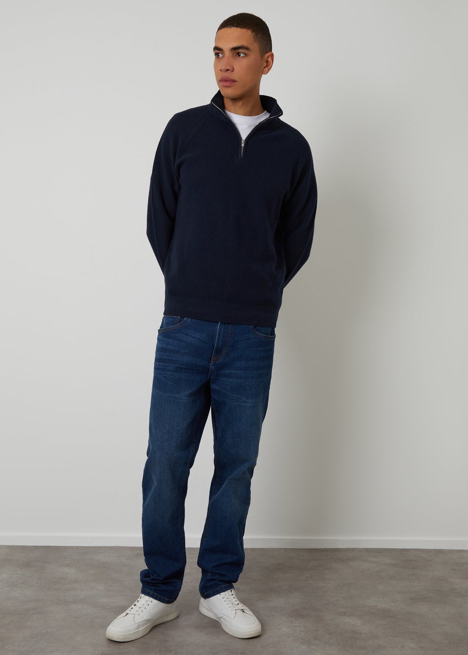 Threadbare Navy Waffle Knit Raglan Quarter Zip Jumper