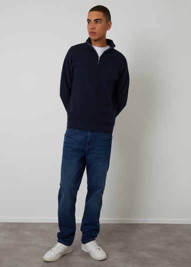 Threadbare Navy Waffle Knit Raglan Quarter Zip Jumper