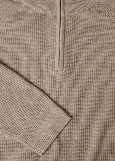 Threadbare Taupe Waffle Knit Raglan Quarter Zip Jumper