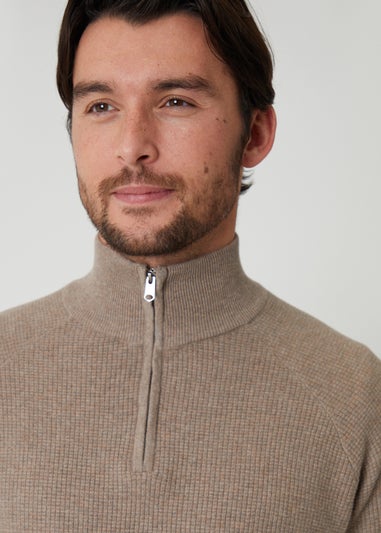 Threadbare Taupe Waffle Knit Raglan Quarter Zip Jumper