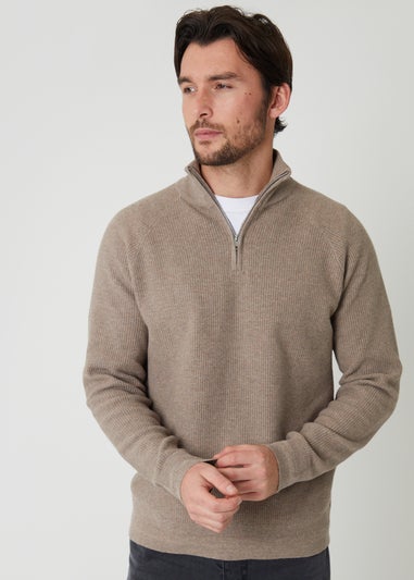 Threadbare Taupe Waffle Knit Raglan Quarter Zip Jumper