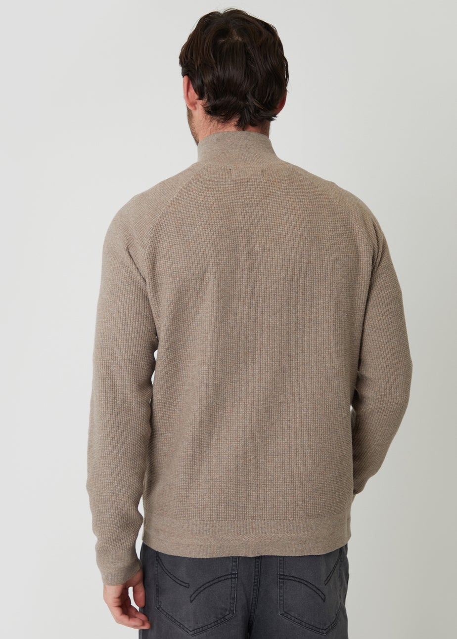 Threadbare Taupe Waffle Knit Raglan Quarter Zip Jumper